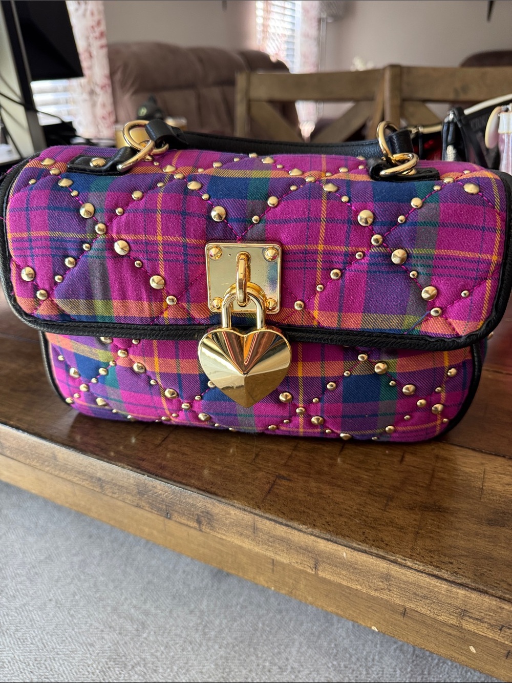 Betsey Johnson Pink Plaid Quilted Shoulder Bag with Gold Heart Lock